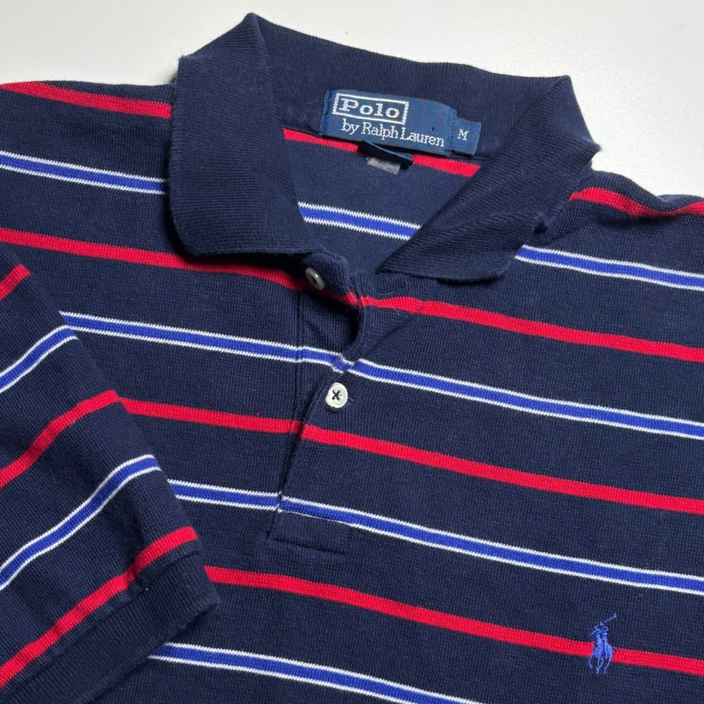 Polo‎ Ralph Lauren Men's M Navy Blue Red Striped Short Sleeve Polo Shirt Vintage